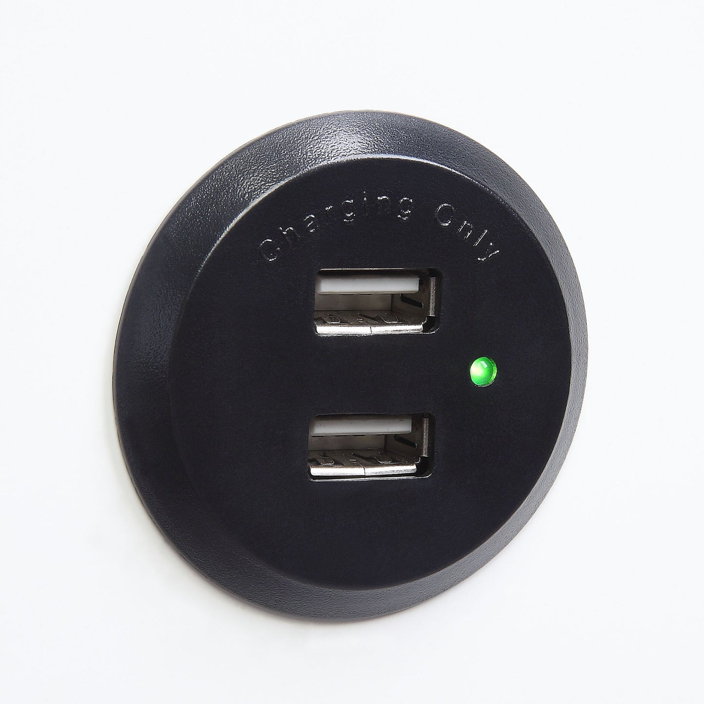 Black circular dual USB charger port with green indicator light