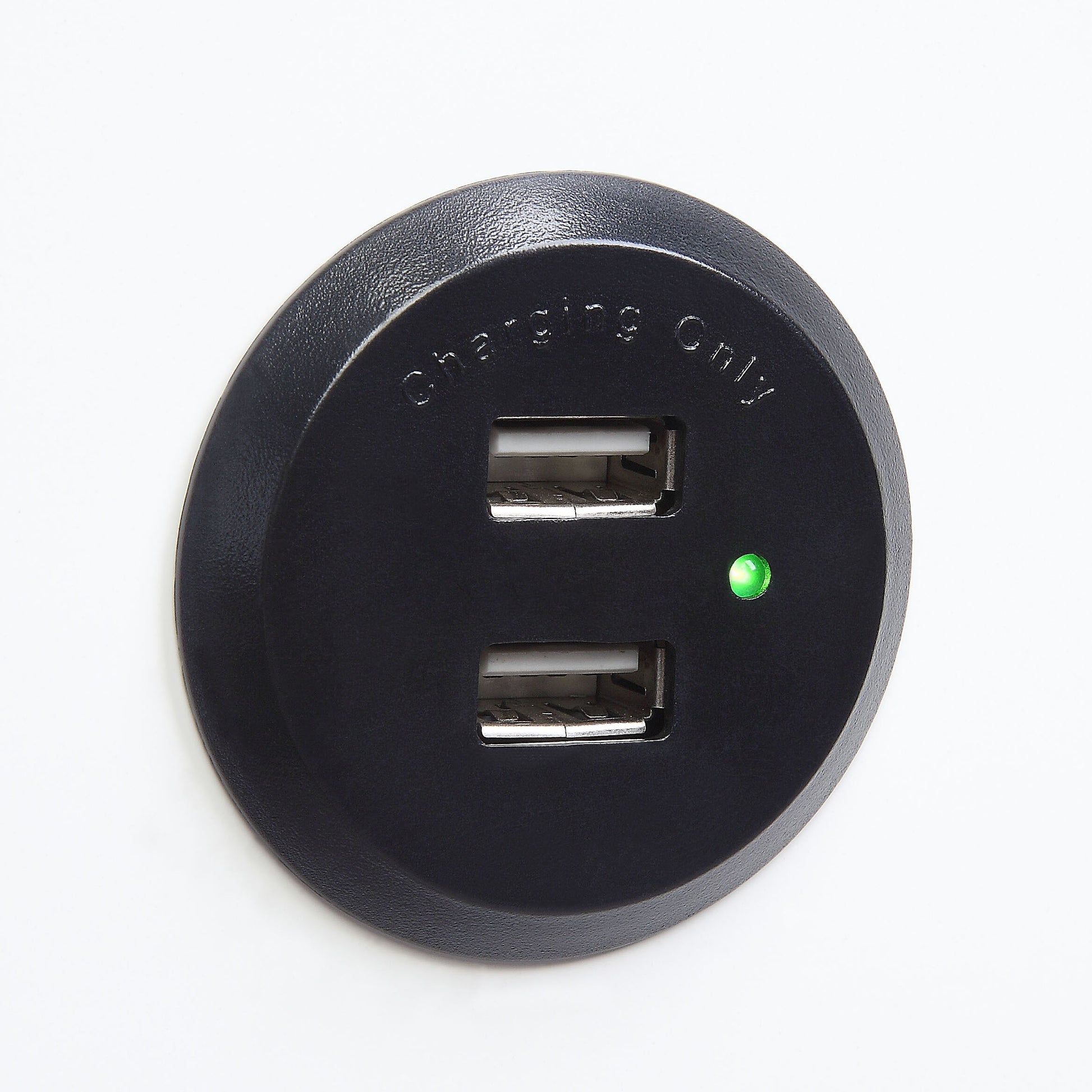 Black circular dual USB charger port with green indicator light
