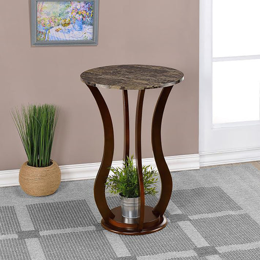 Round brown marble top accent table with curved wooden legs perfect for small spaces