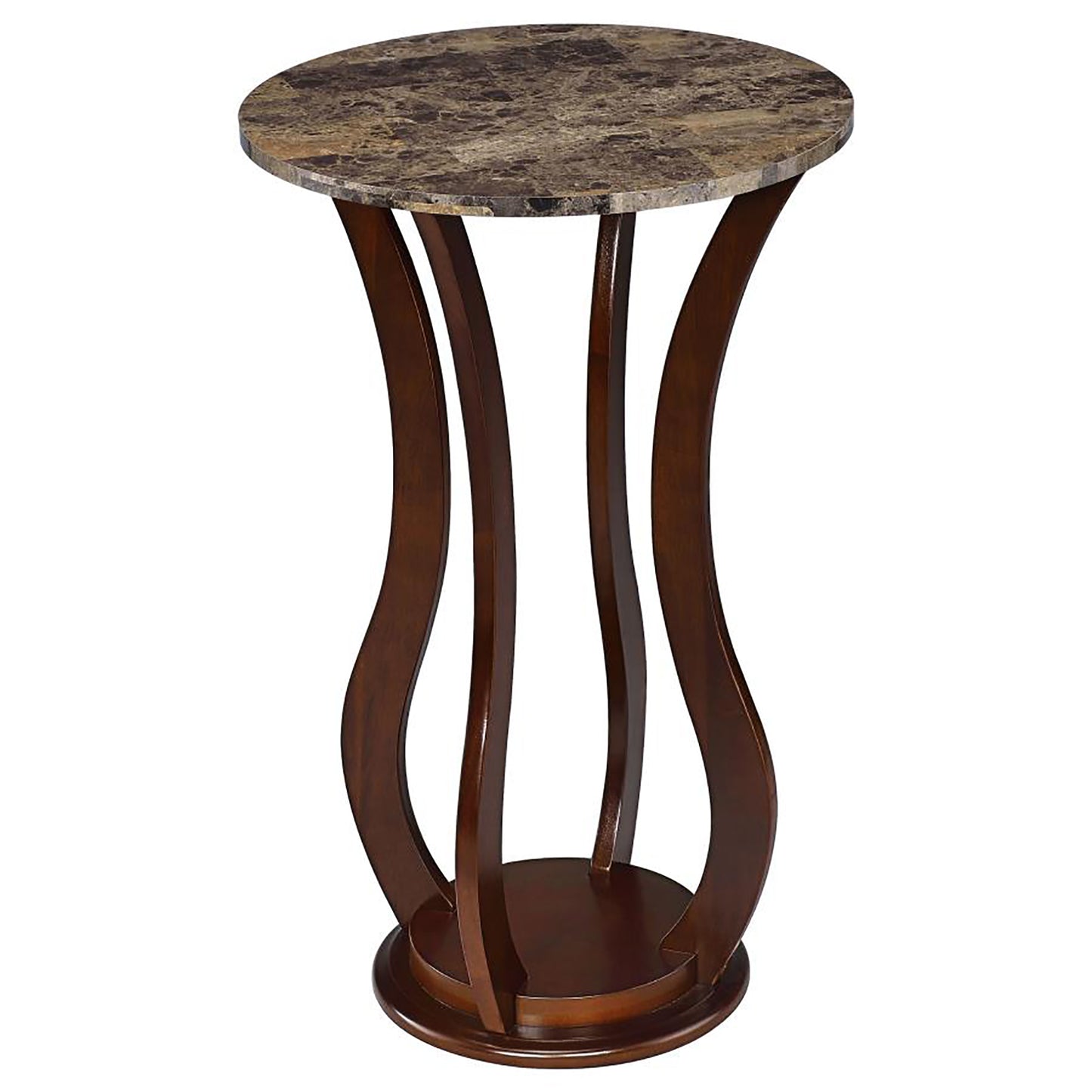 Round marble top accent table with dark wood curved base