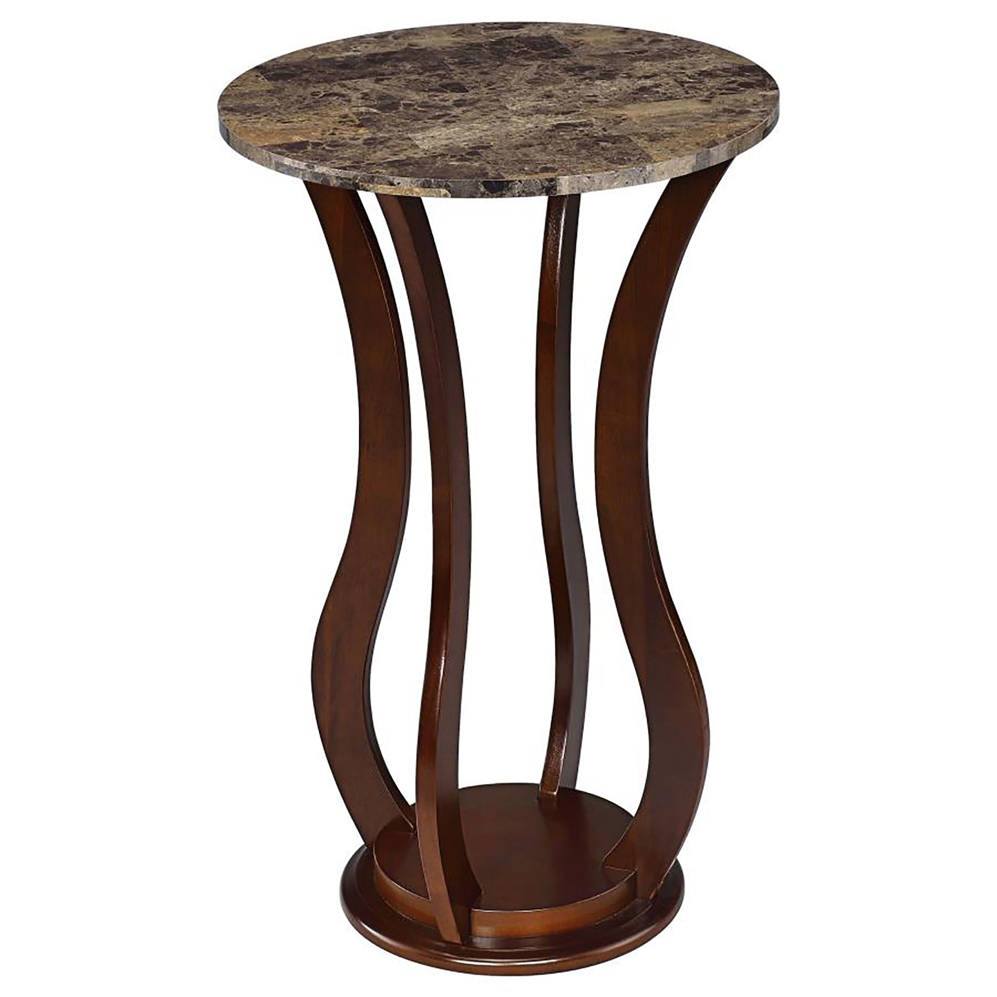 Round marble top accent table with dark wood curved base