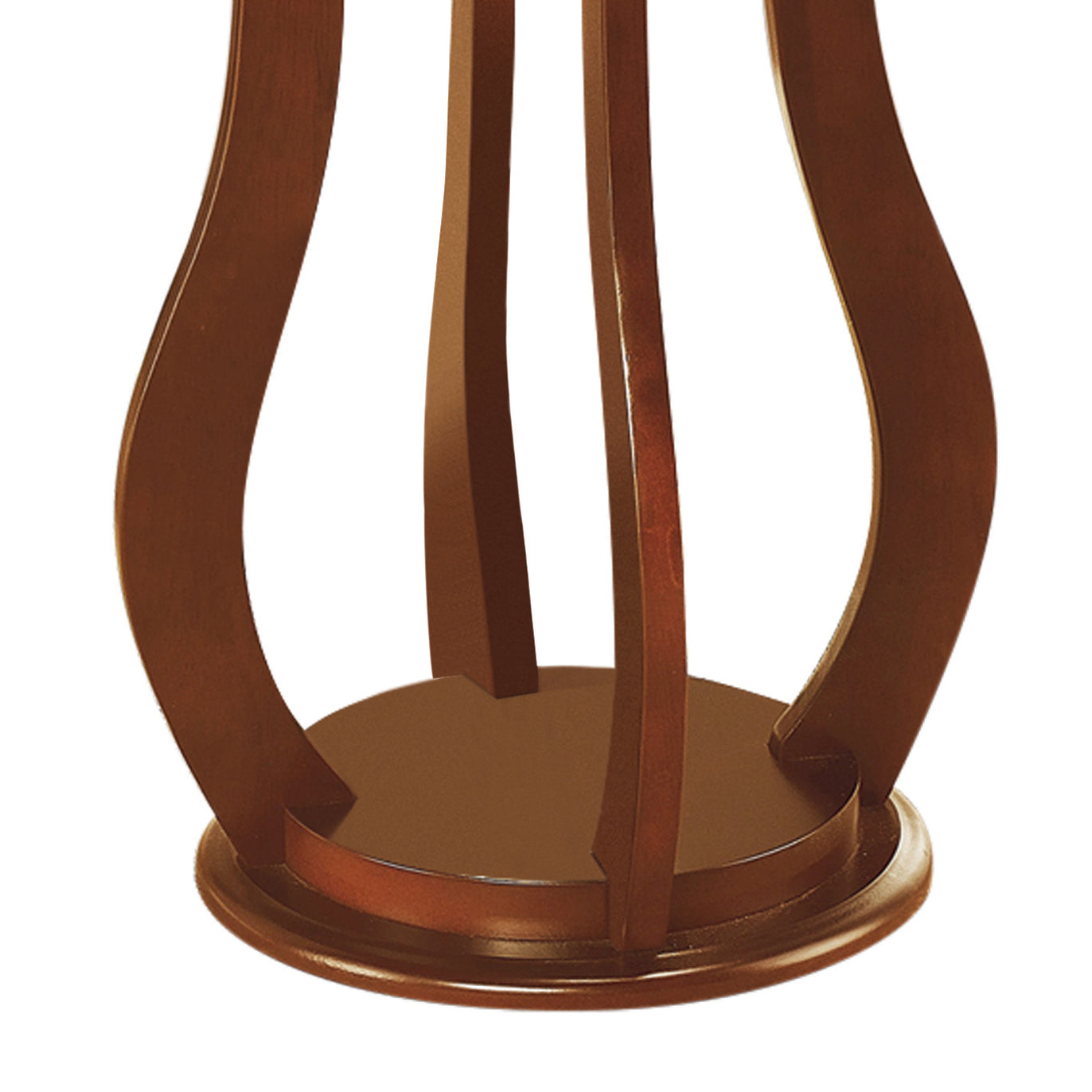 Closeup of dark brown wood pedestal base with curved legs for a stand