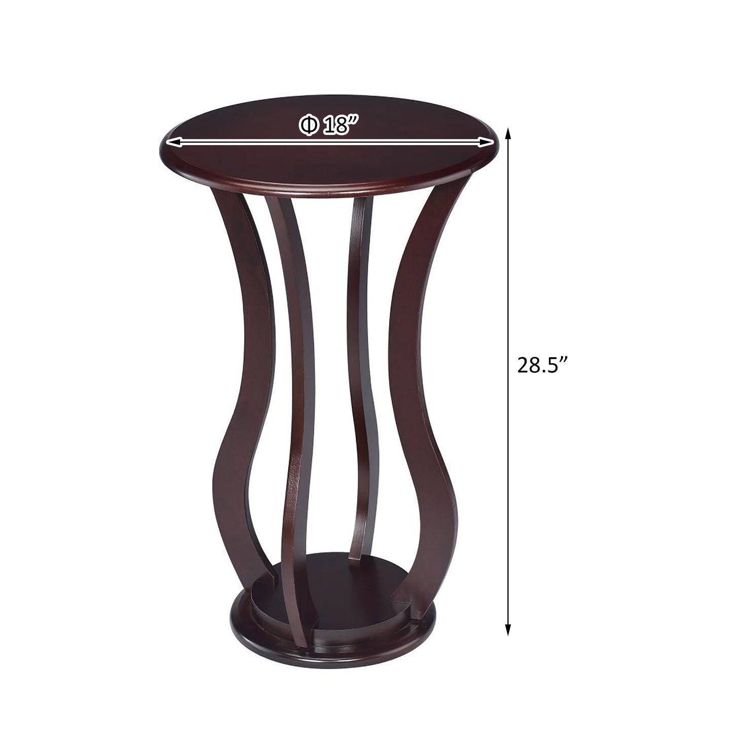 Dark brown wooden accent table with a circular top and elegant curved legs measuring  tall
