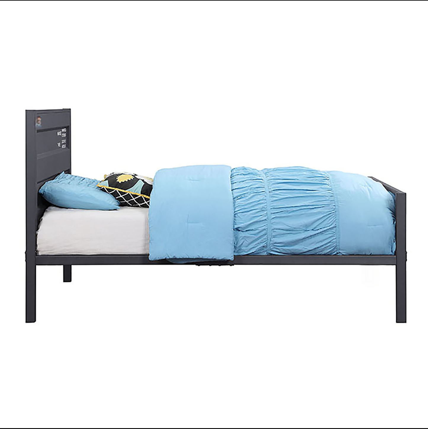 Dark gray metal twin bed frame with ruffled light blue bedding and patterned pillows