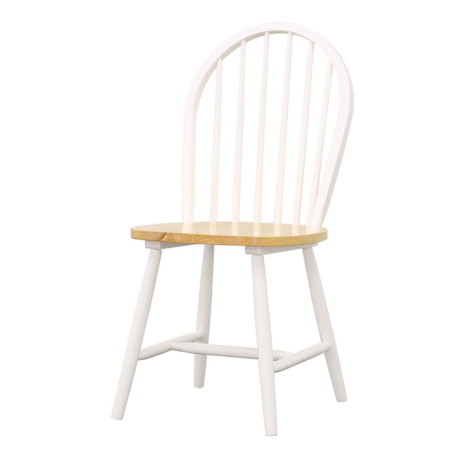 White spindle back dining chair with natural wood seat and tapered legs