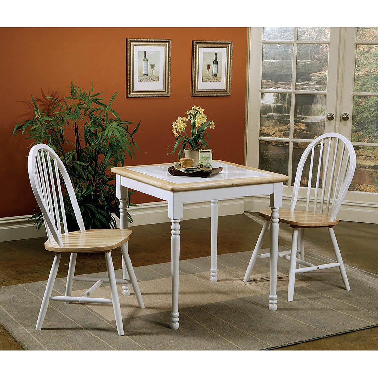 White spindle back chair with natural wood seat perfect for dining rooms