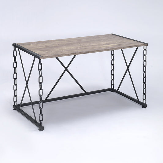 Industrial desk with woodgrain laminate top and black metal chain legs