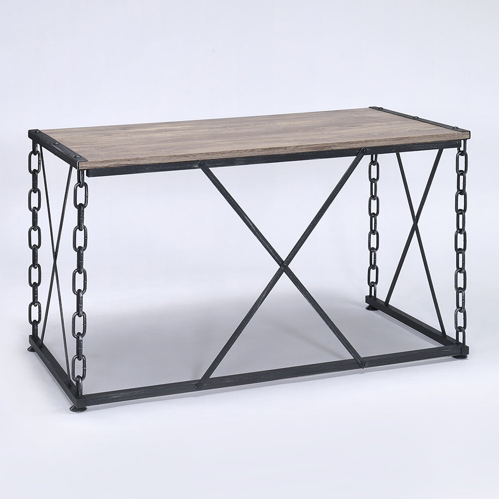 Industrial style coffee table with distressed wood top and chainlink side details