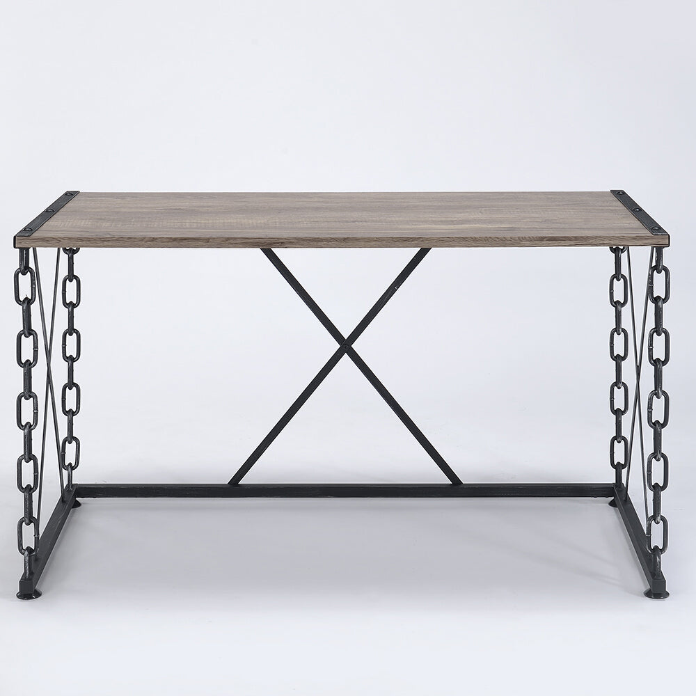 Rustic wood top industrial desk with black metal chain legs and Xbrace support for a home office