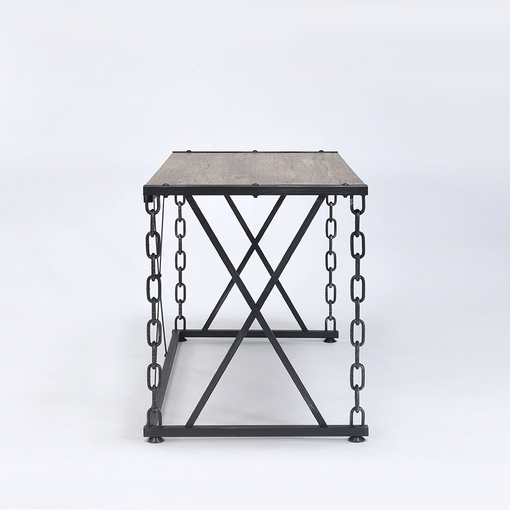 Rustic oak veneer coffee table with industrial chain accents and black metal frame