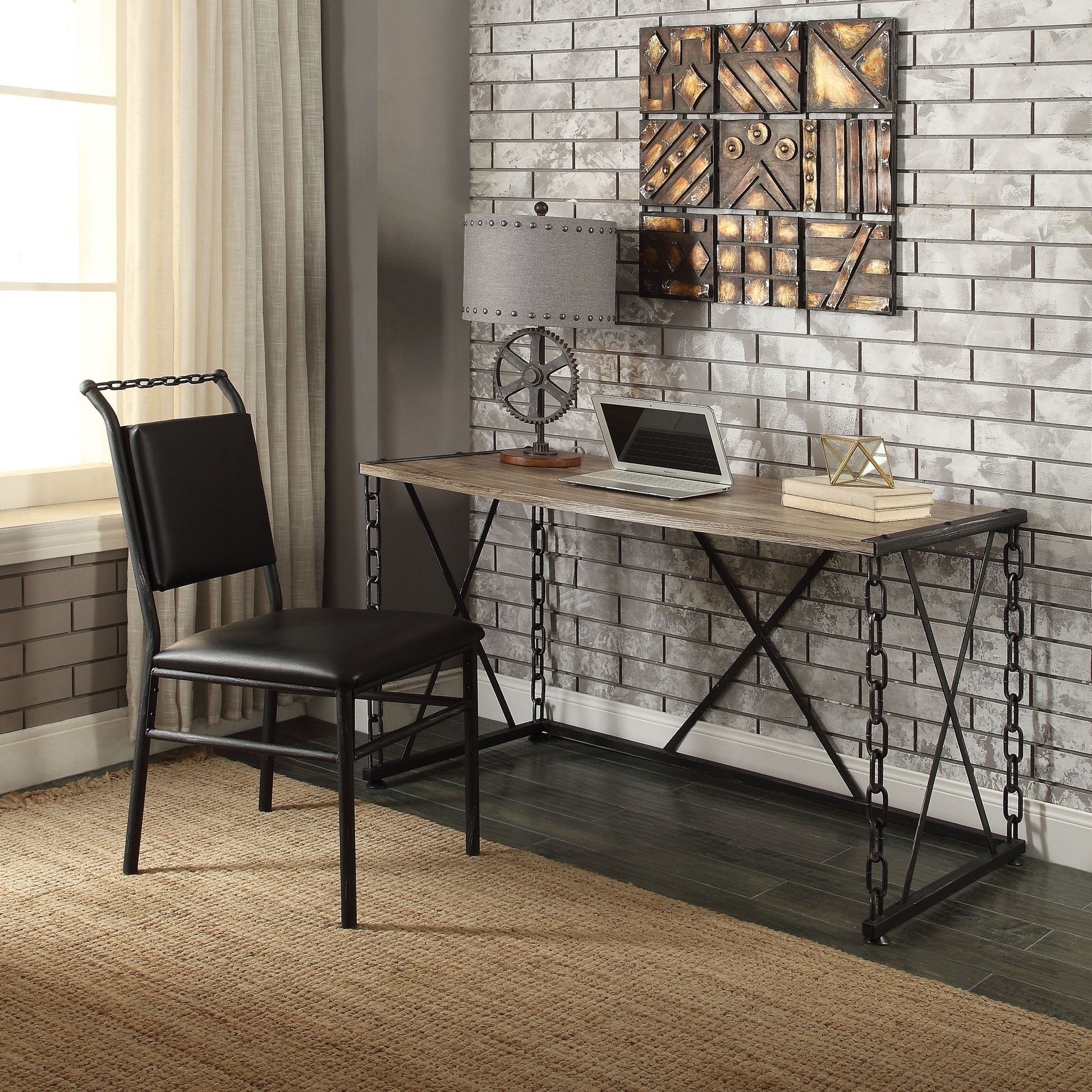 Industrial desk with black chain legs and rustic wood top ideal for modern workspaces