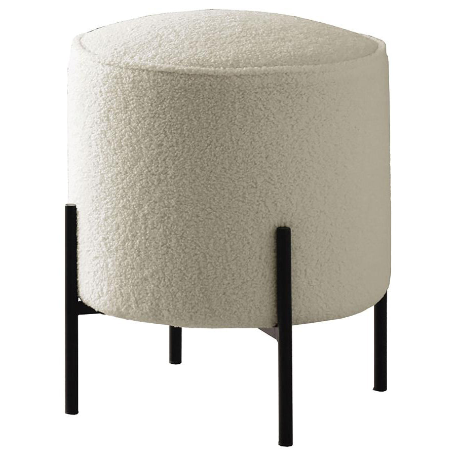Cream teddy fabric round ottoman with black metal legs