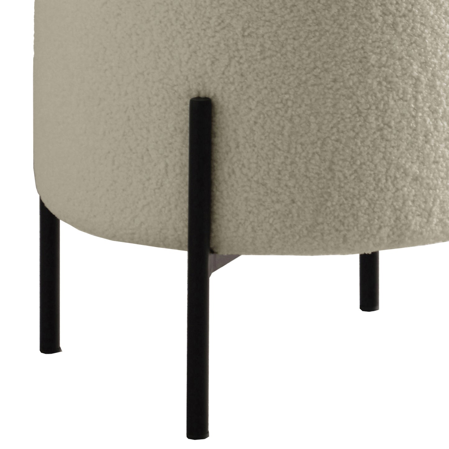 Textured beige boucle ottoman with minimalist black metal legs for modern decor
