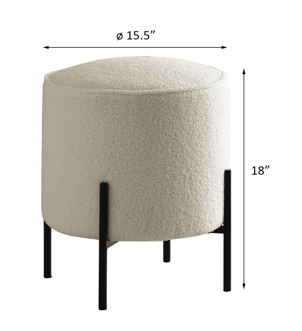 Cream boucle round ottoman with black metal legs  diameter