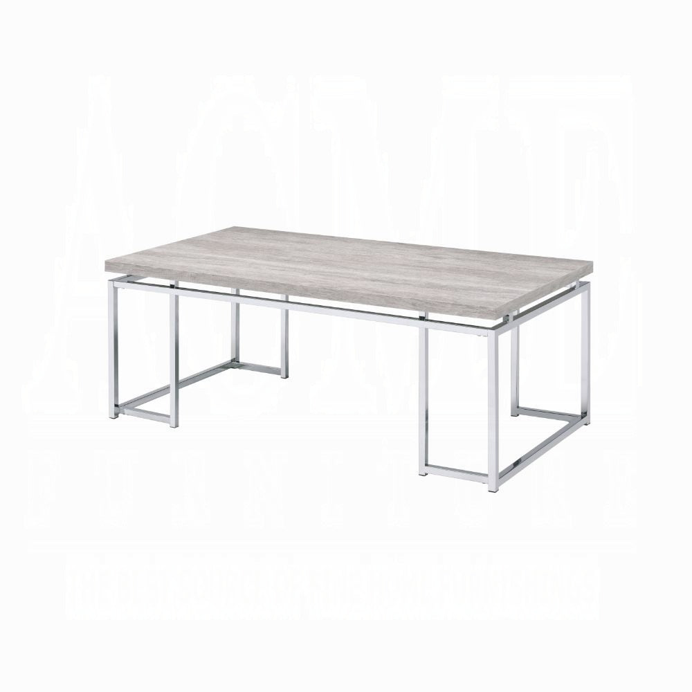 Modern grey wood grain coffee table with polished chrome frame