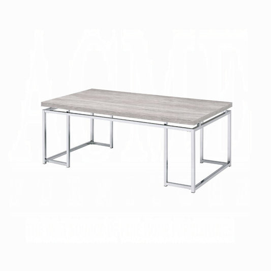 Modern grey wood grain coffee table with polished chrome frame