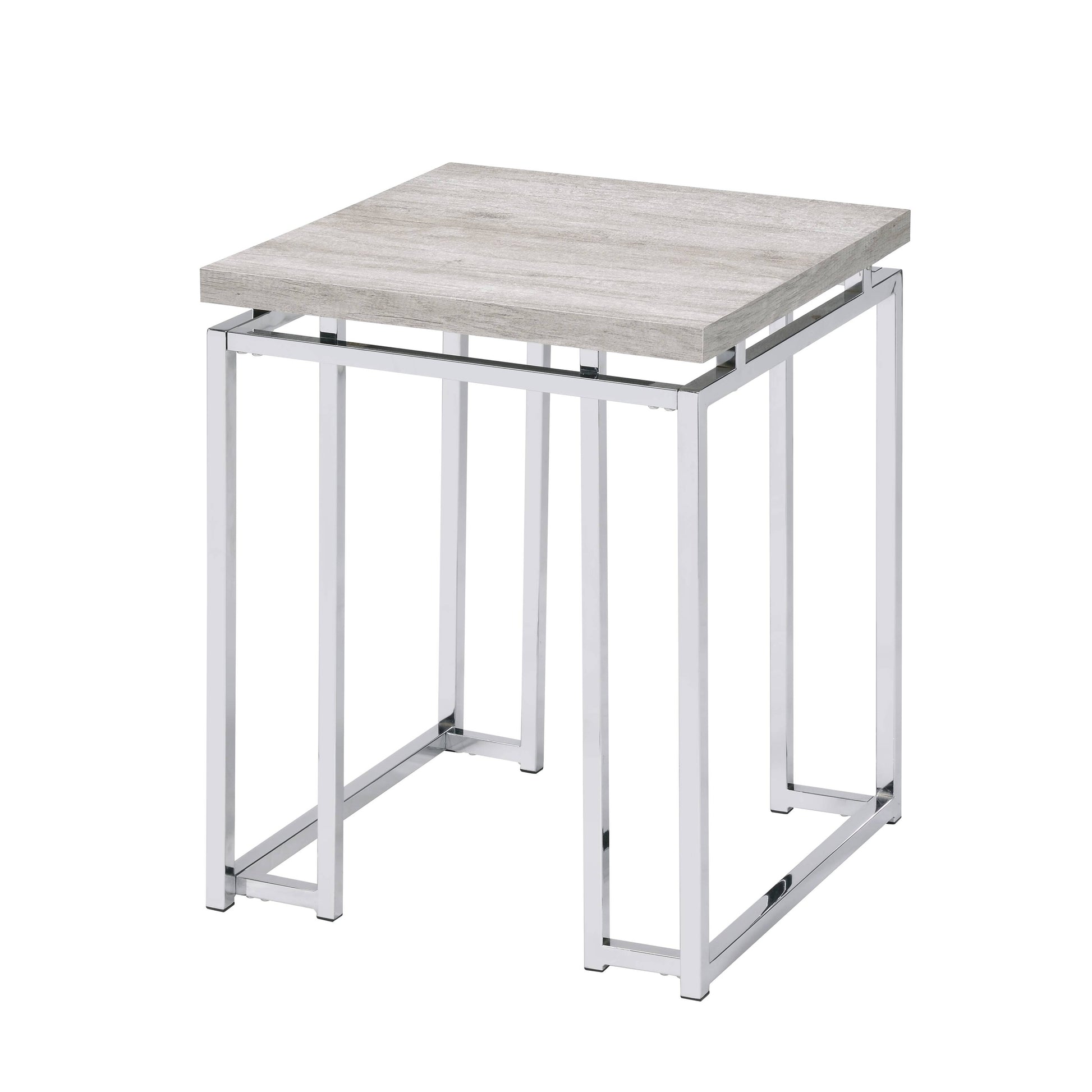 Modern grey wood top end table with polished chrome frame
