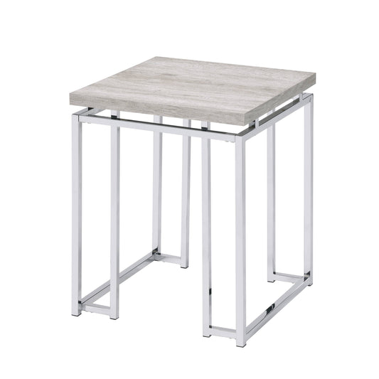 Modern grey wood top end table with polished chrome frame