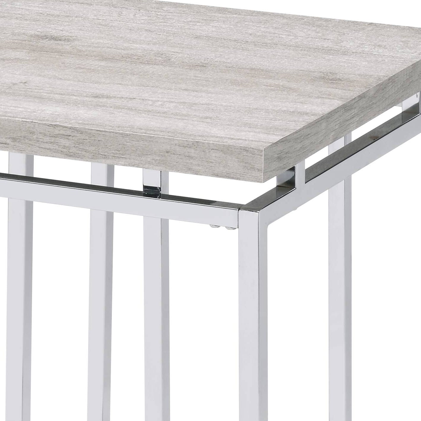 Modern gray wood grain end table with polished chrome frame perfect accent for living rooms