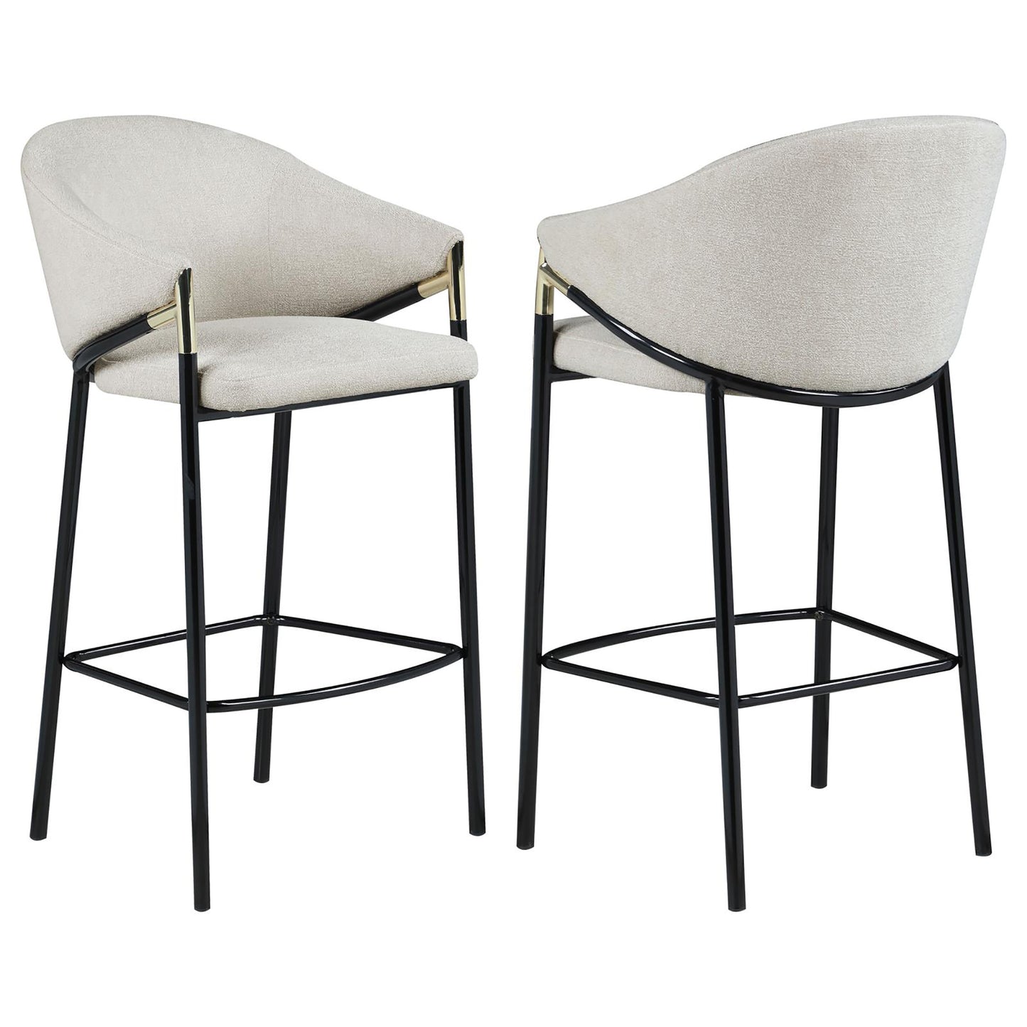 Cream boucle fabric bar stool with black metal frame and gold accents