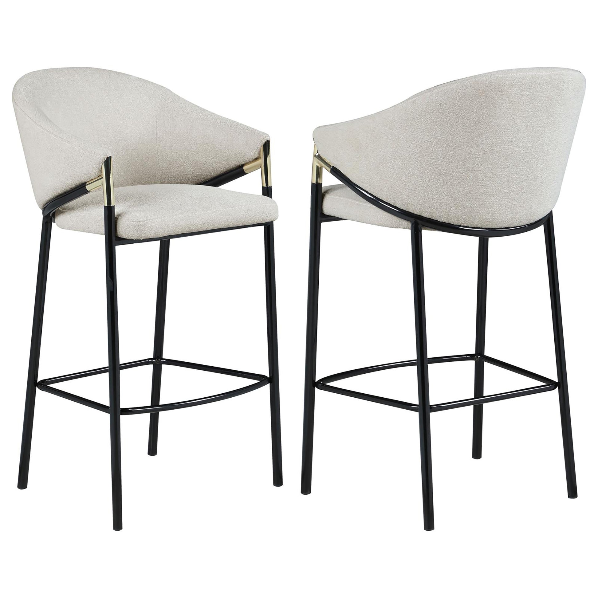 Cream boucle fabric bar stool with black metal frame and gold accents