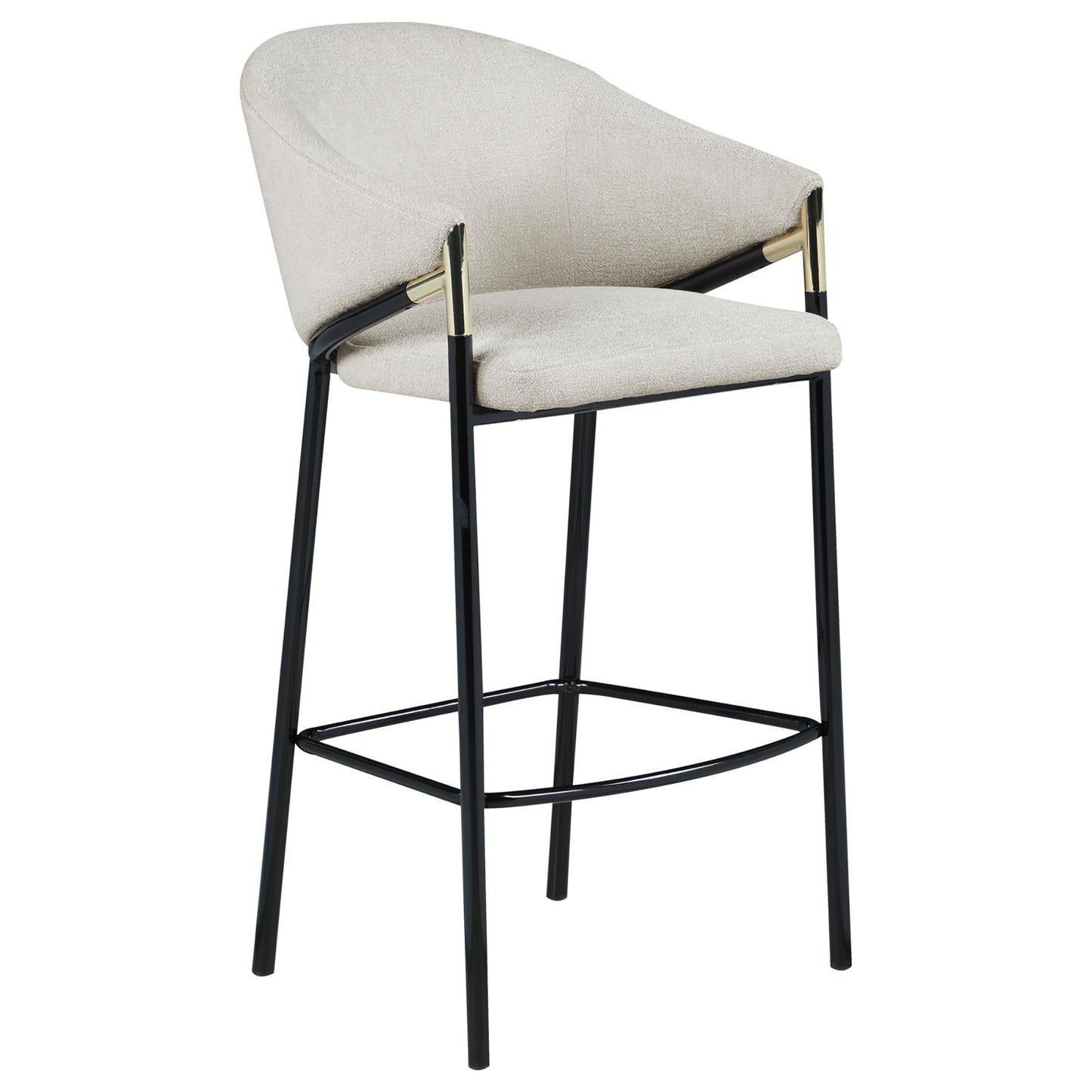Textured beige upholstered bar stool with black metal legs and gold accents