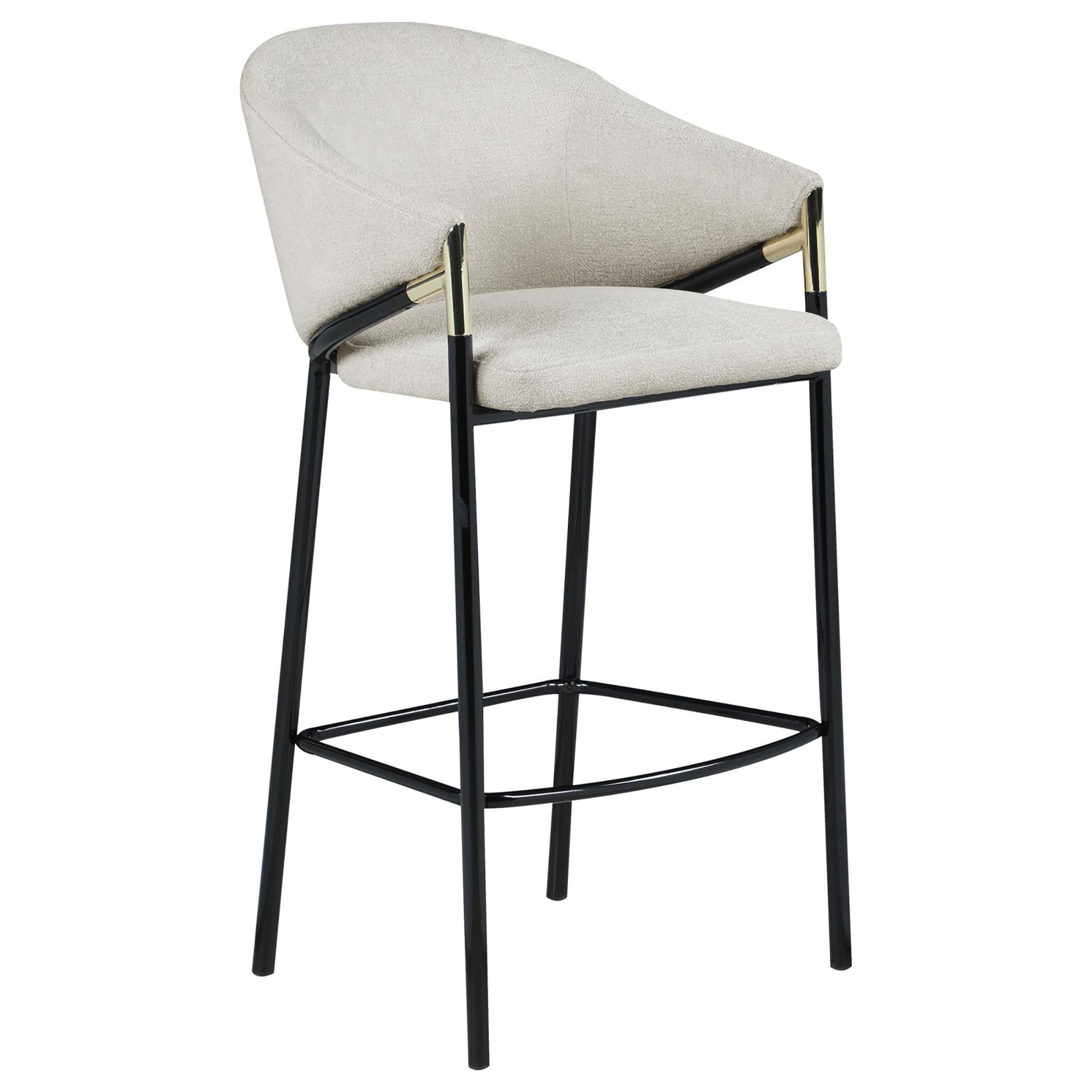 Textured beige upholstered bar stool with black metal legs and gold accents