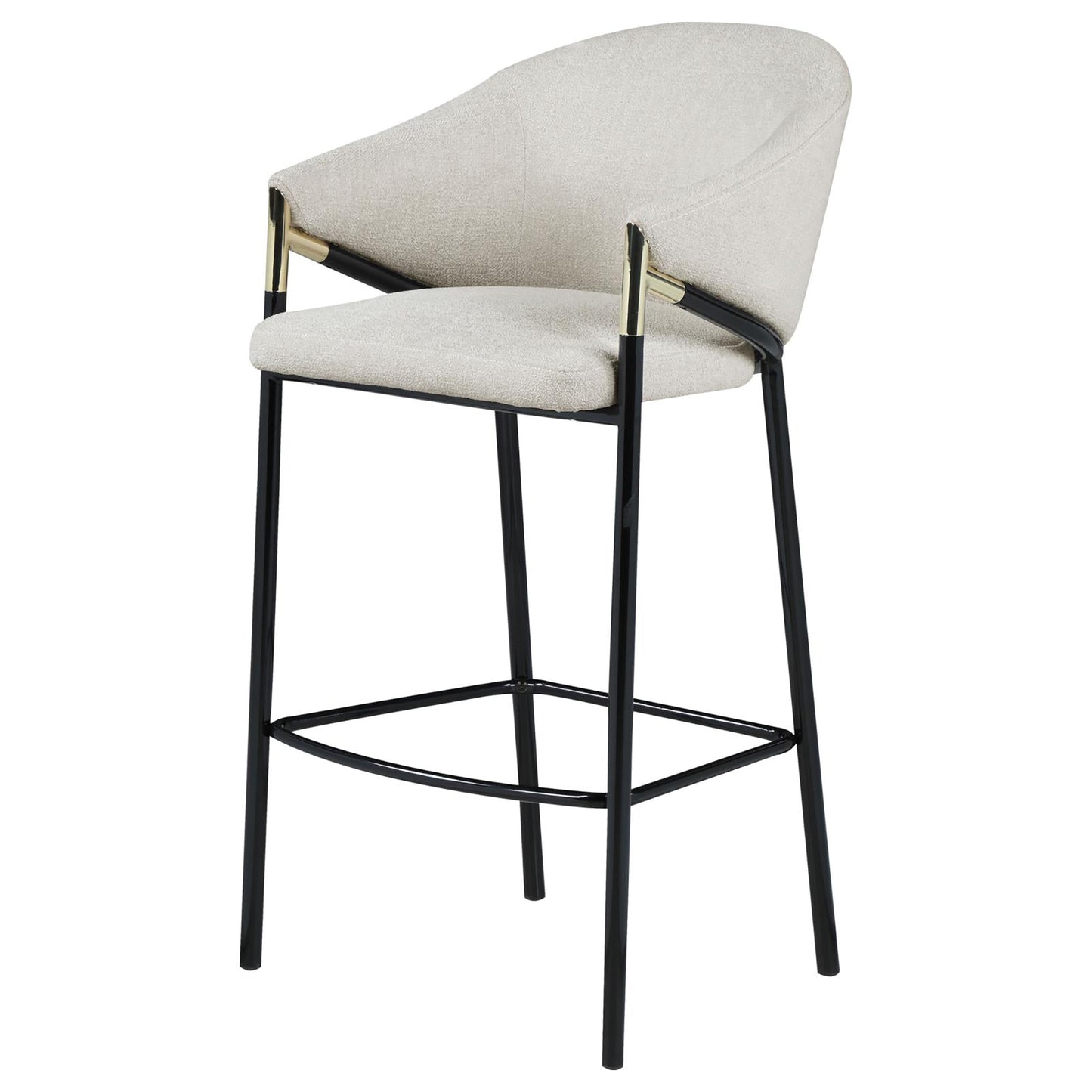 Cream boucle fabric bar stool with black metal frame and gold accents