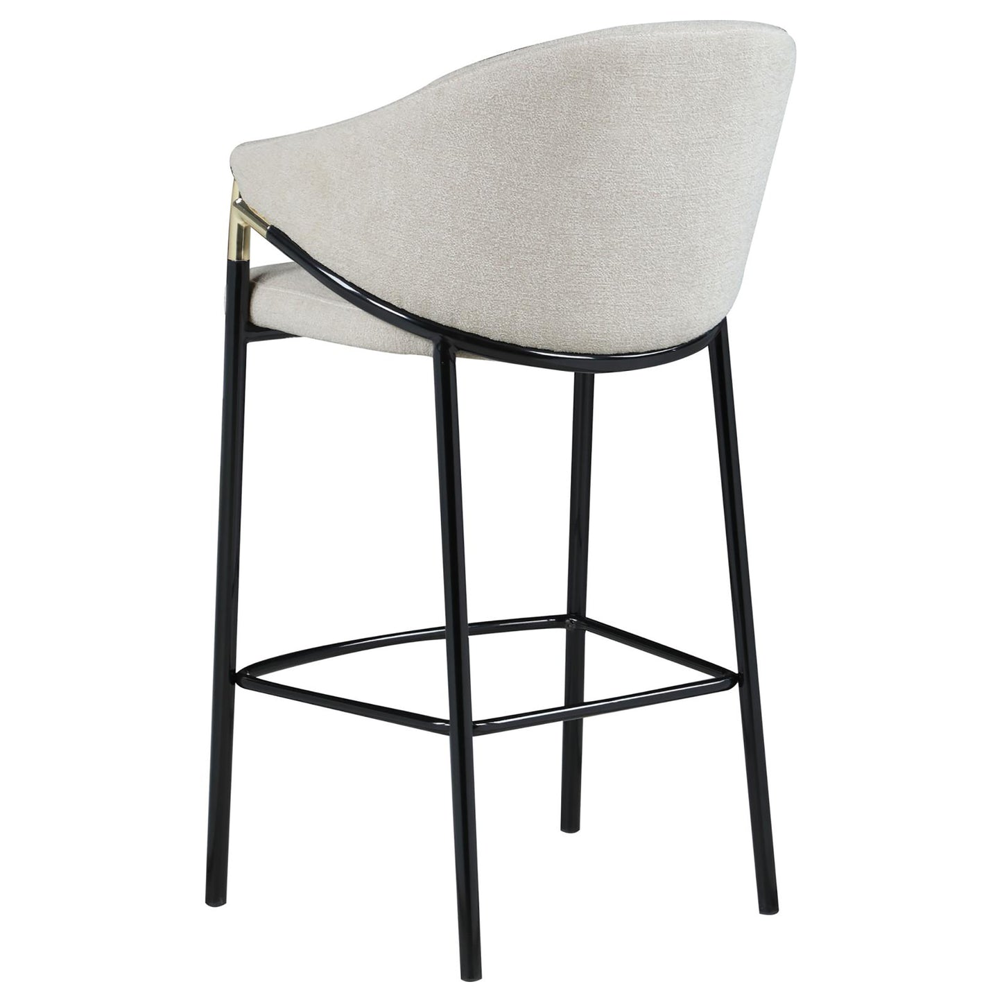 Cream textured fabric bar stool with black metal legs and gold accents