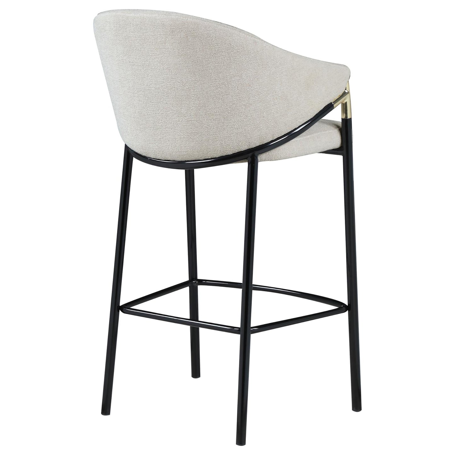 Cream upholstered bar stool with a black metal frame and gold accents