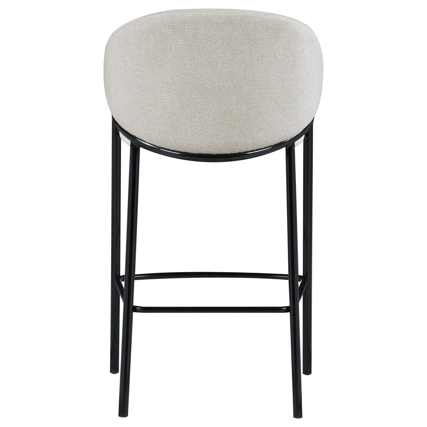 Modern bar stool with curved beige textured fabric seat and black metal frame