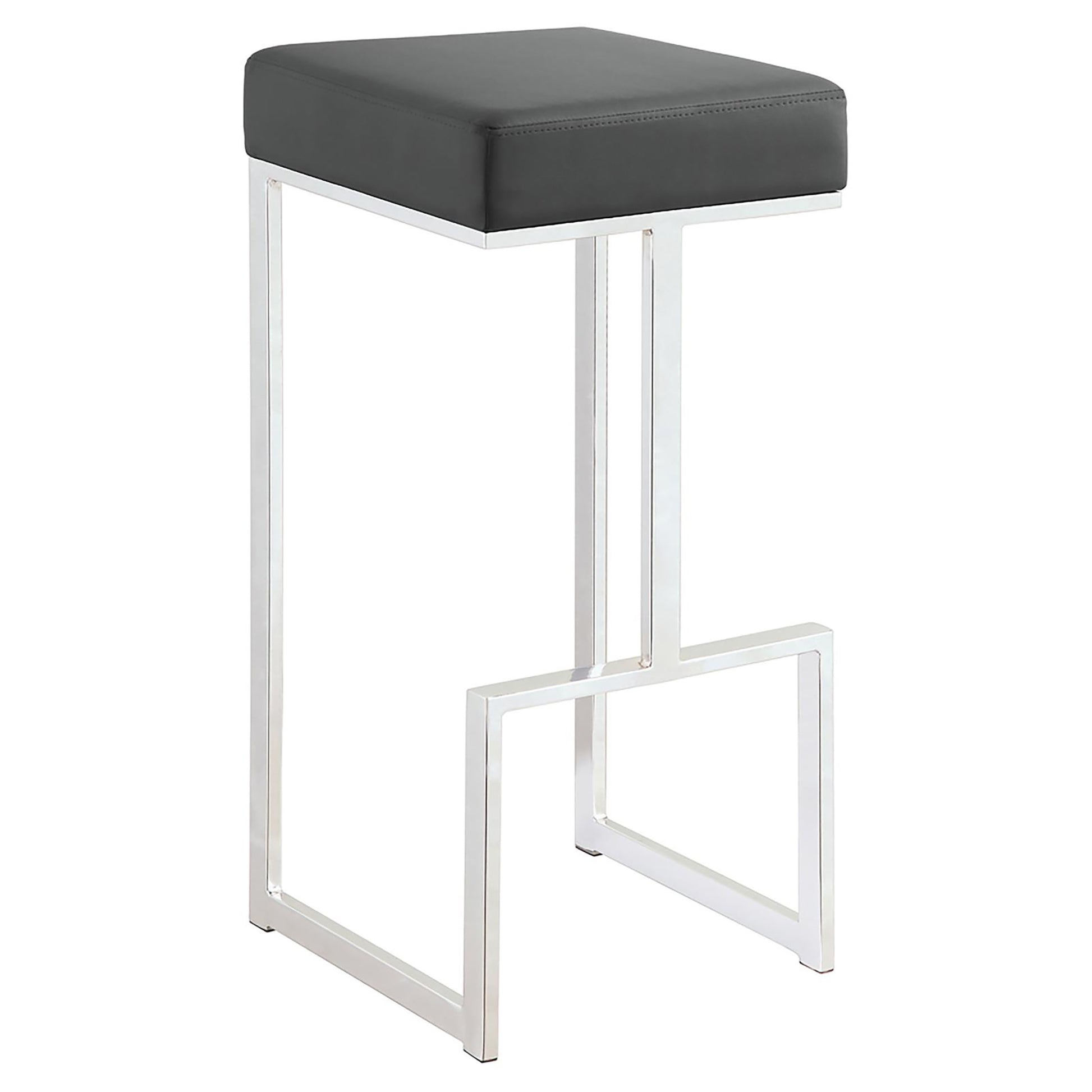 Contemporary dark gray faux leather bar stool with a polished chrome frame