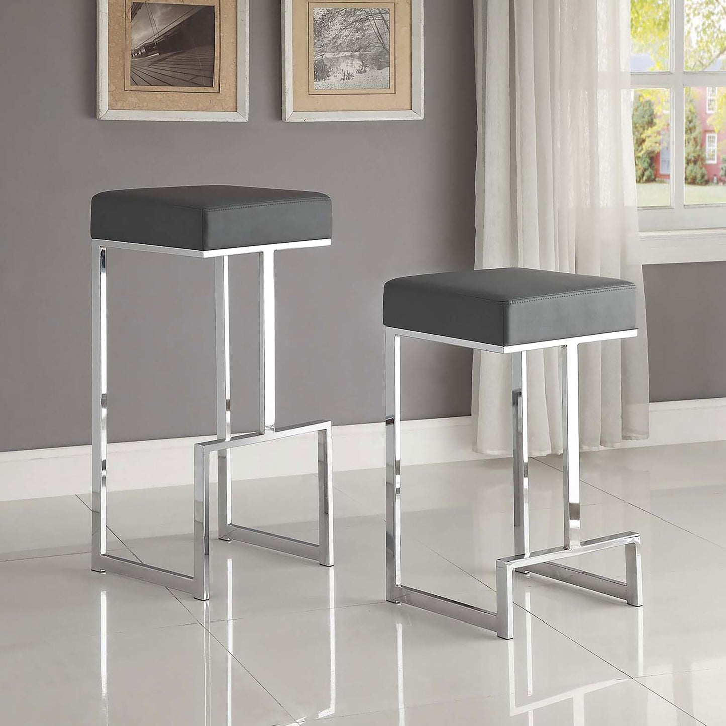 Modern grey faux leather bar stool with polished chrome frame contemporary design