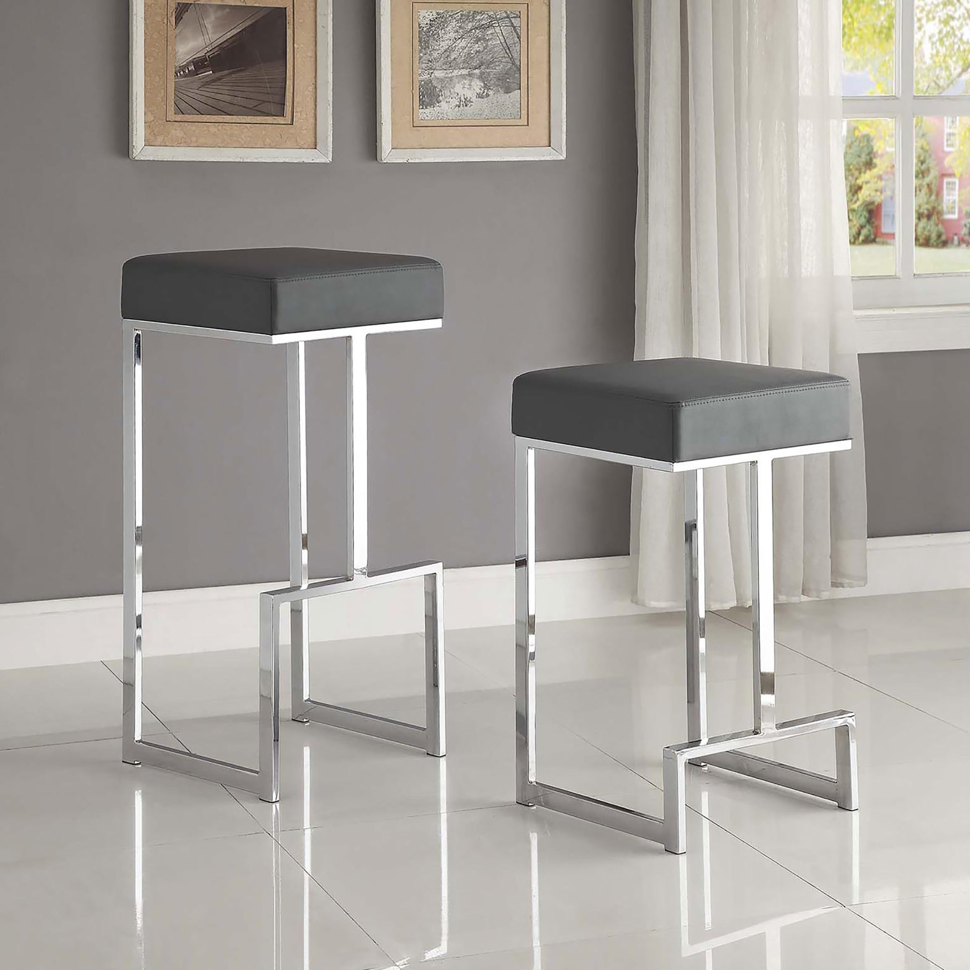Modern grey faux leather bar stool with polished chrome frame contemporary design