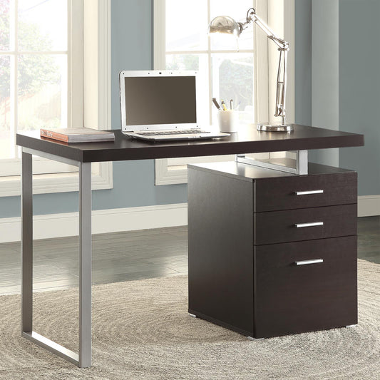 Modern dark wood desk with silver metal legs and a threedrawer filing cabinet