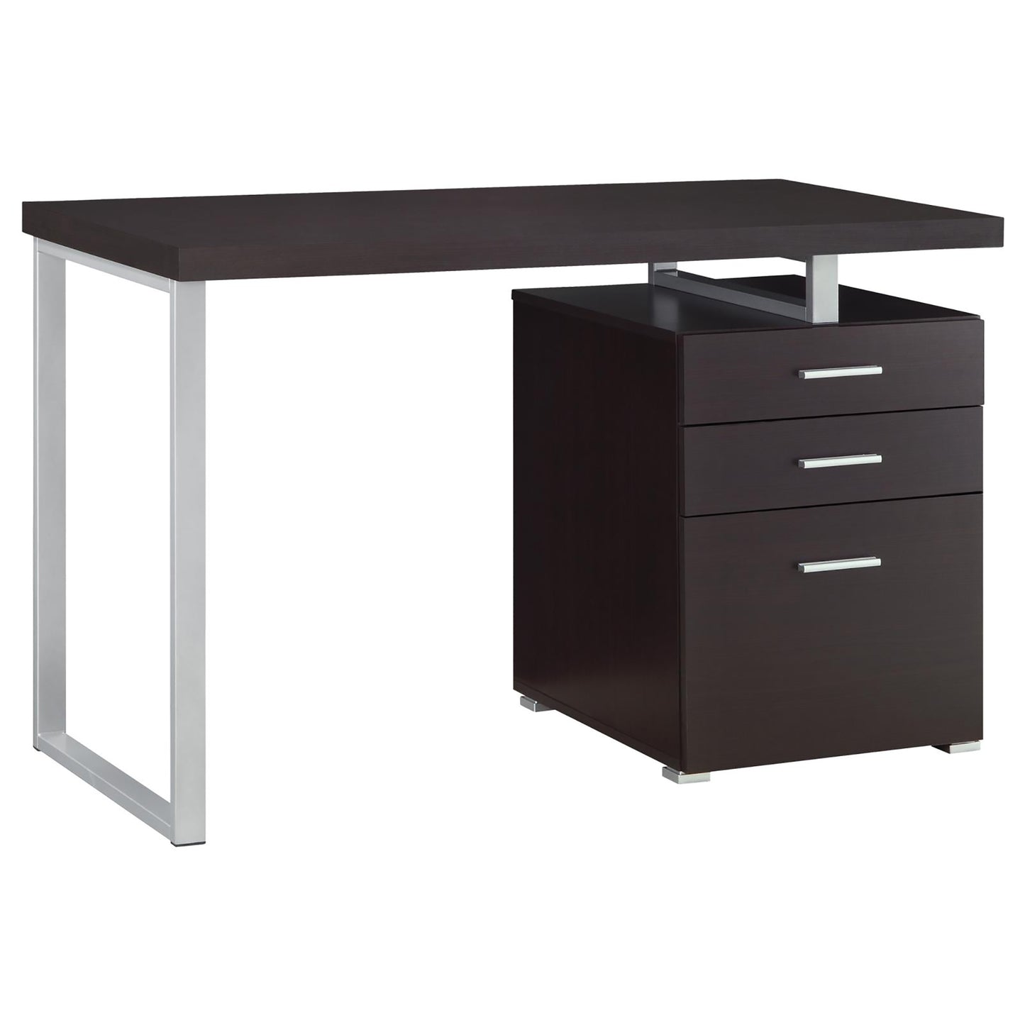 Dark espresso executive desk with metal legs and three drawers