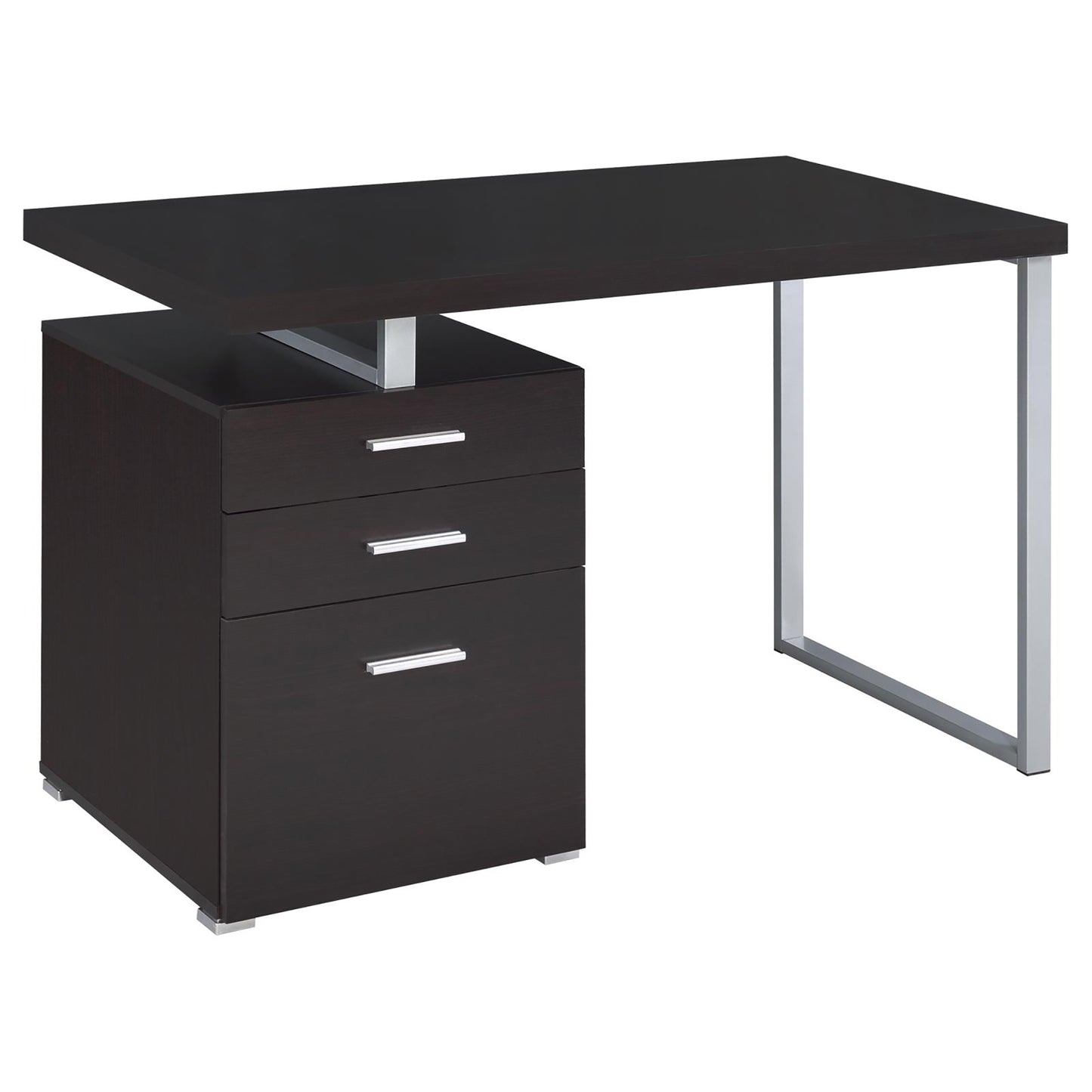 Dark espresso desk with silver legs and three drawers for office storage