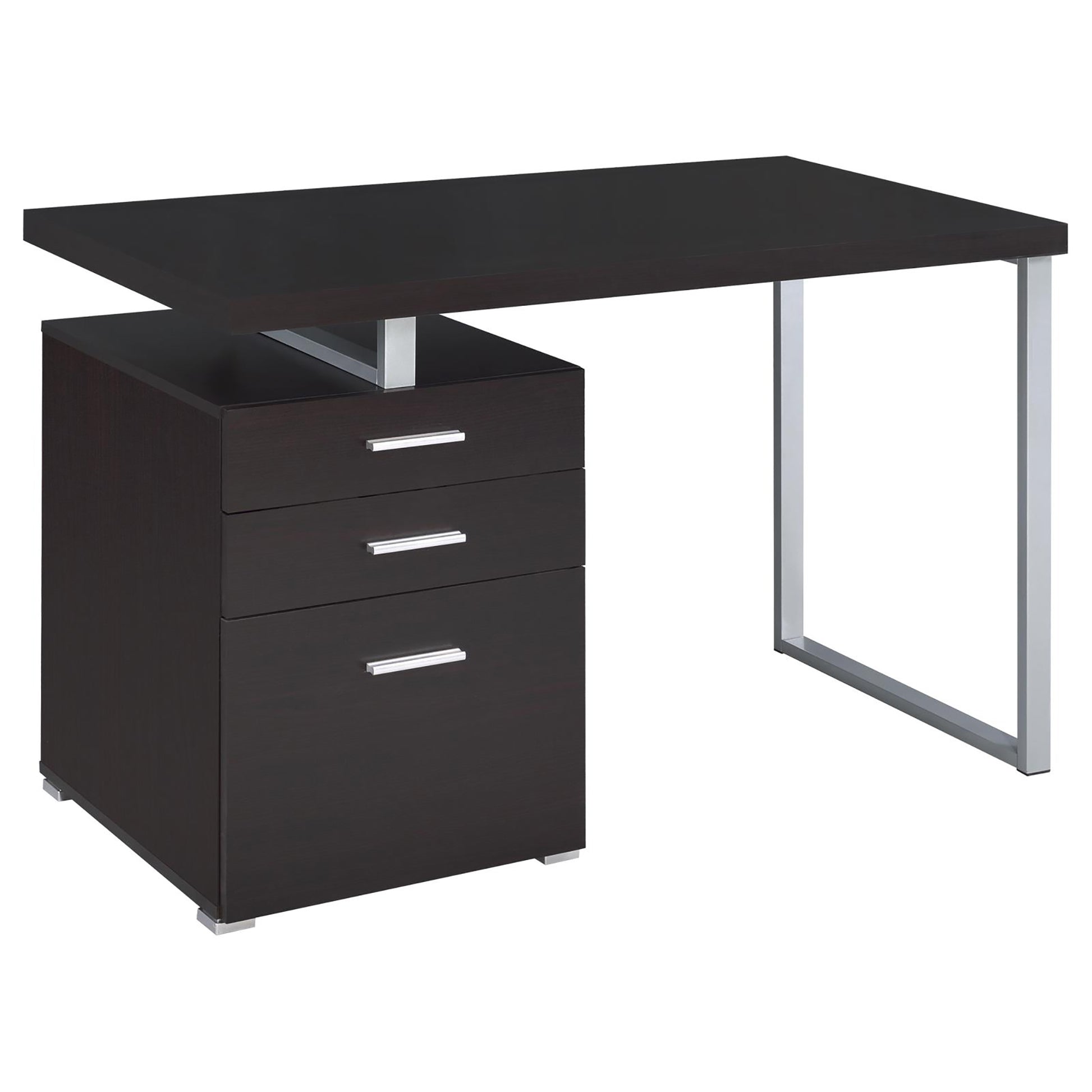 Dark espresso desk with silver legs and three drawers for office storage