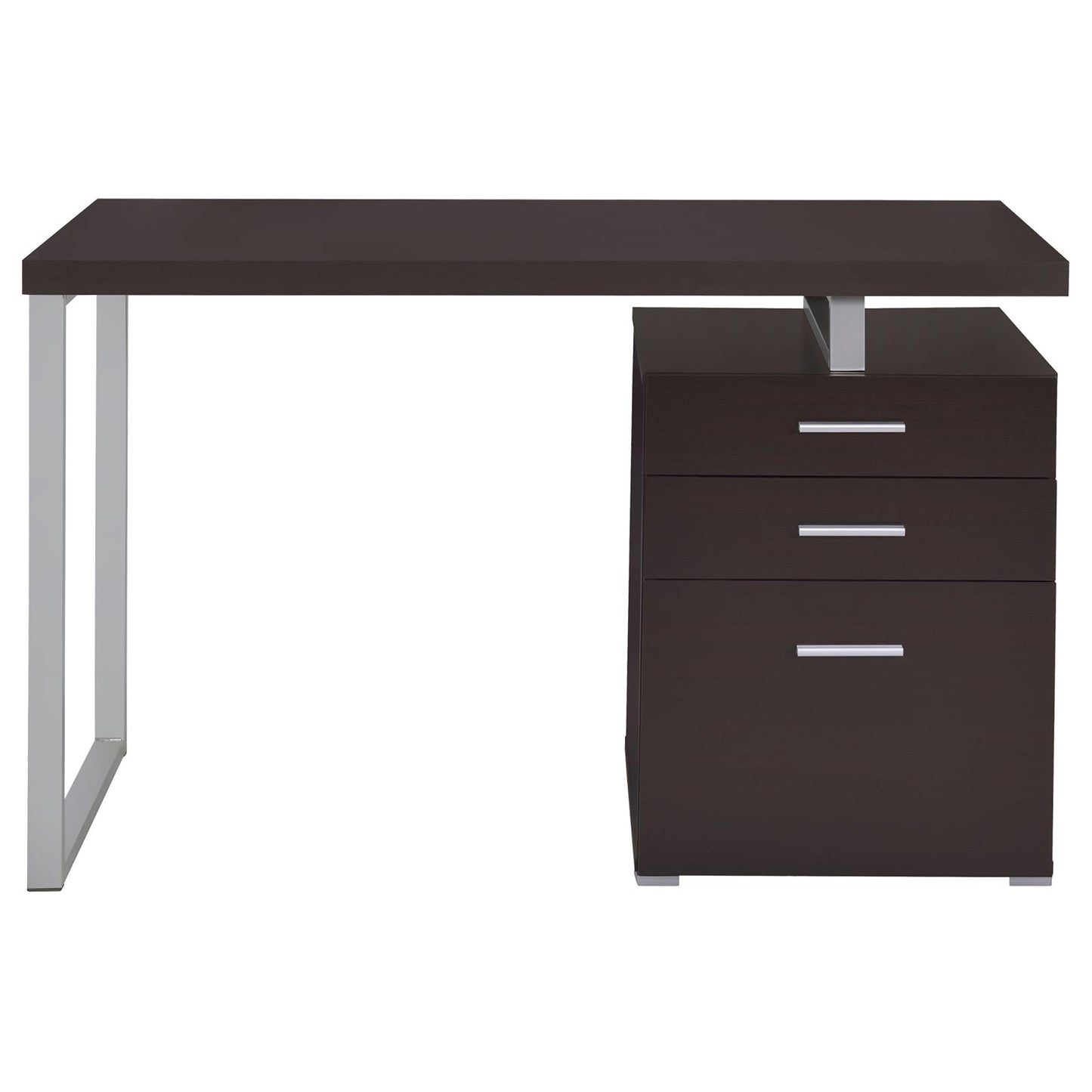 Dark espresso modern writing desk with silver legs and three drawers