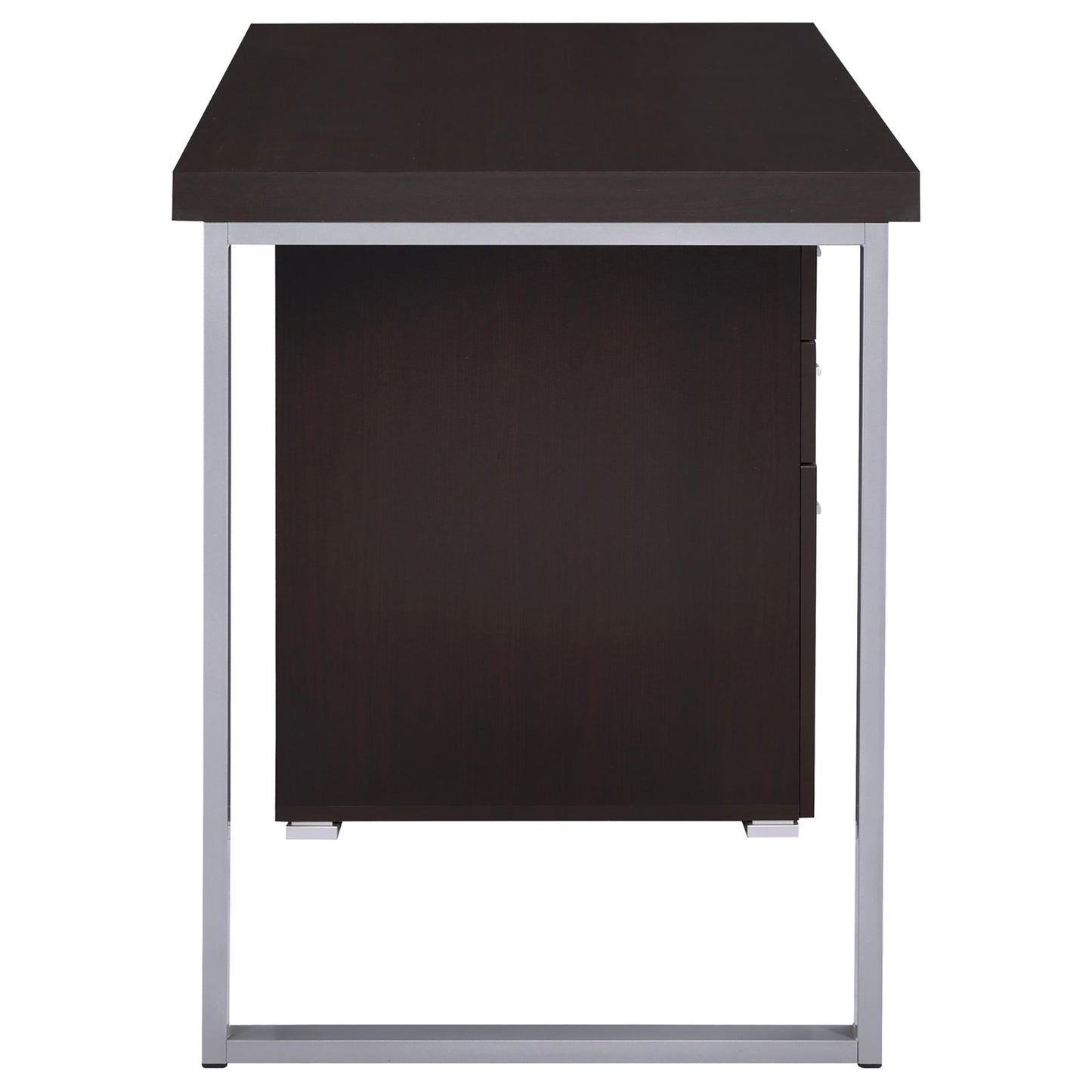 Dark espresso modern writing desk with silver metal frame