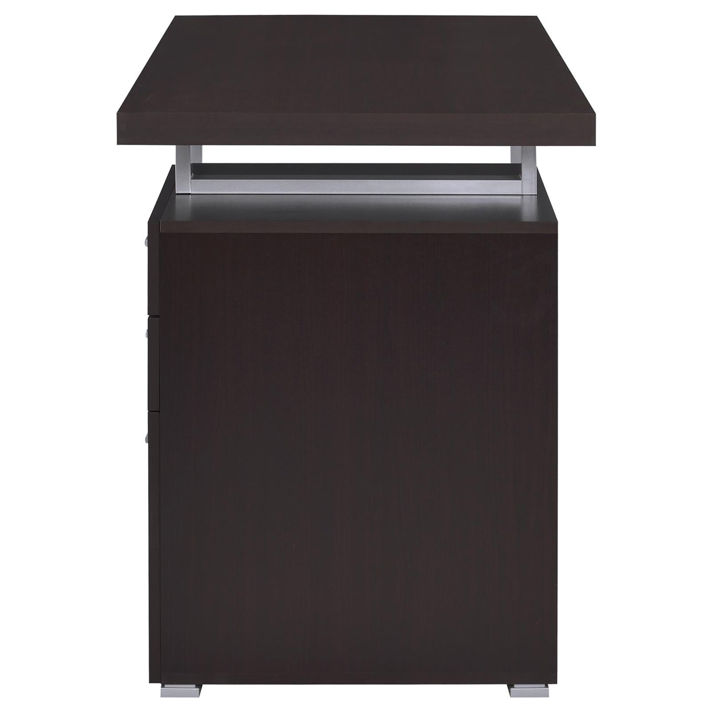 Dark espresso finished desk with silver metal accents featuring three drawers