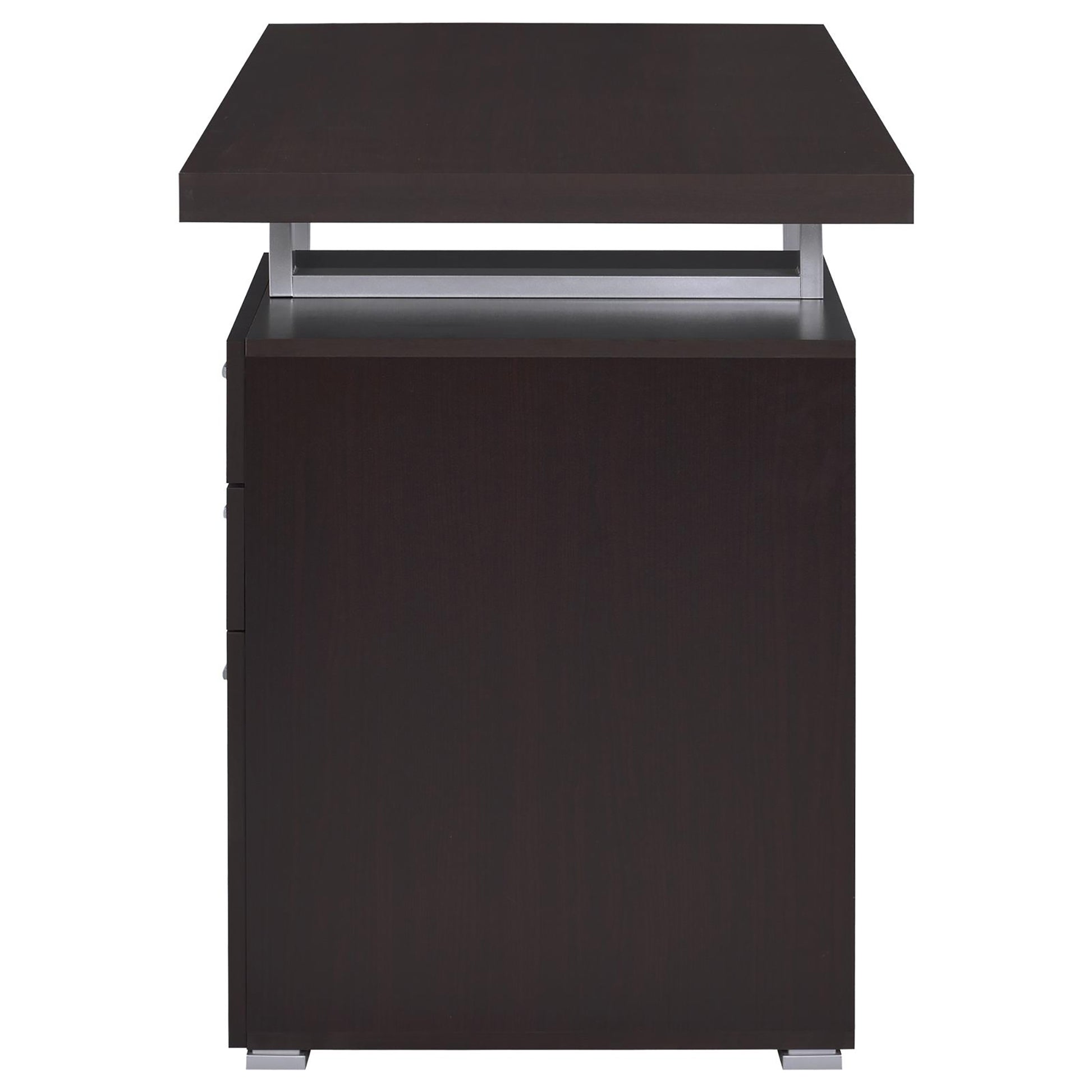 Dark espresso finished desk with silver metal accents featuring three drawers
