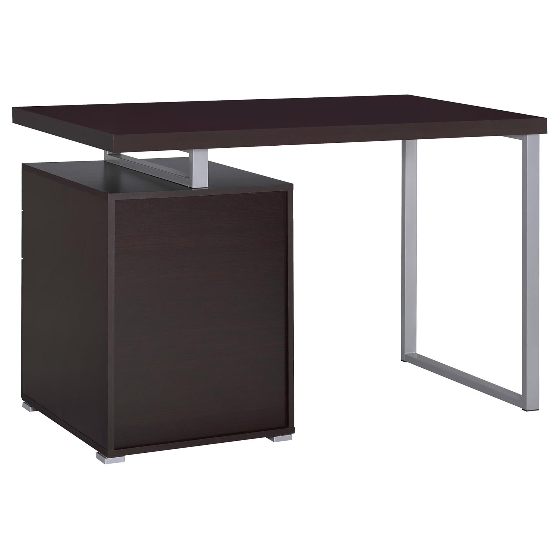 Dark brown modern desk with silver metal legs and integrated storage cabinet