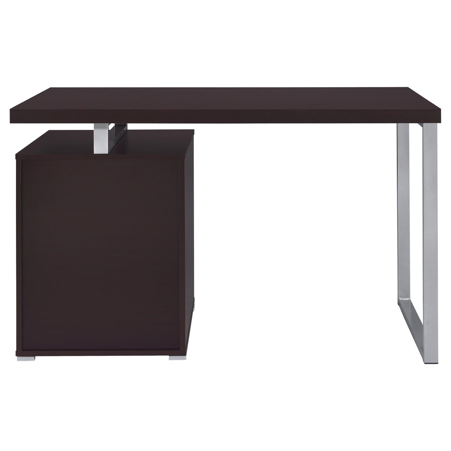 Dark brown desk with chrome legs and attached storage cabinet