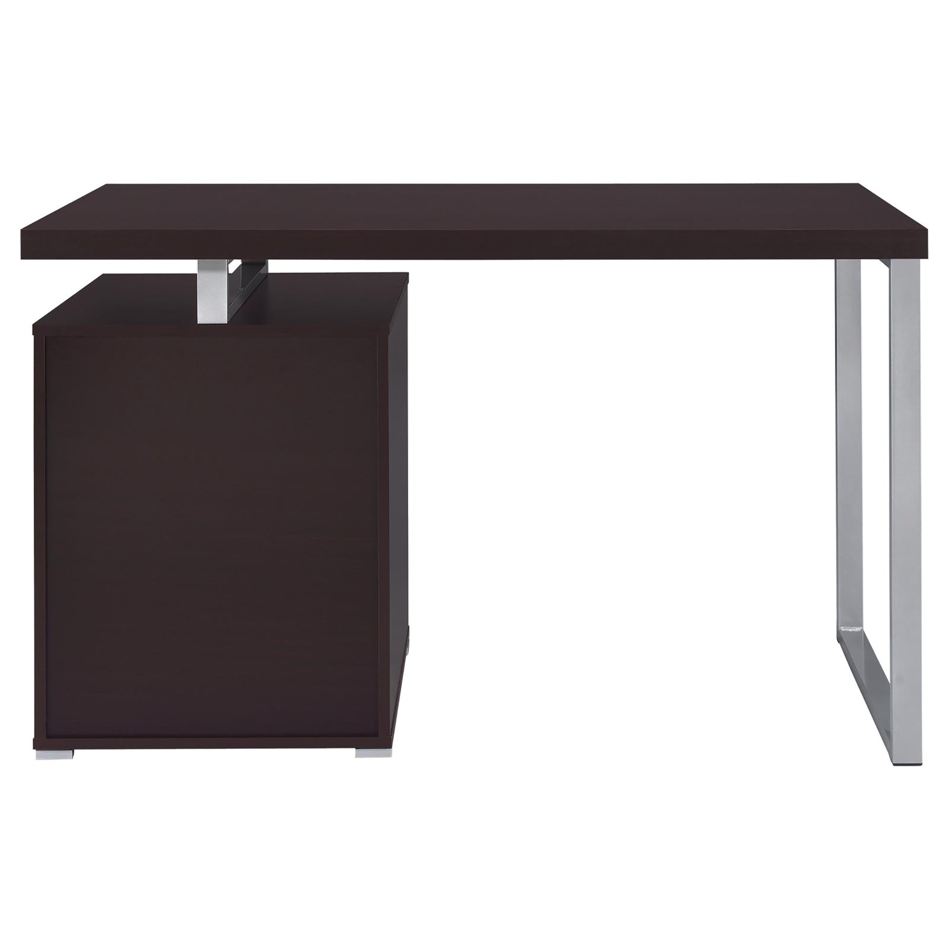 Dark brown desk with chrome legs and attached storage cabinet