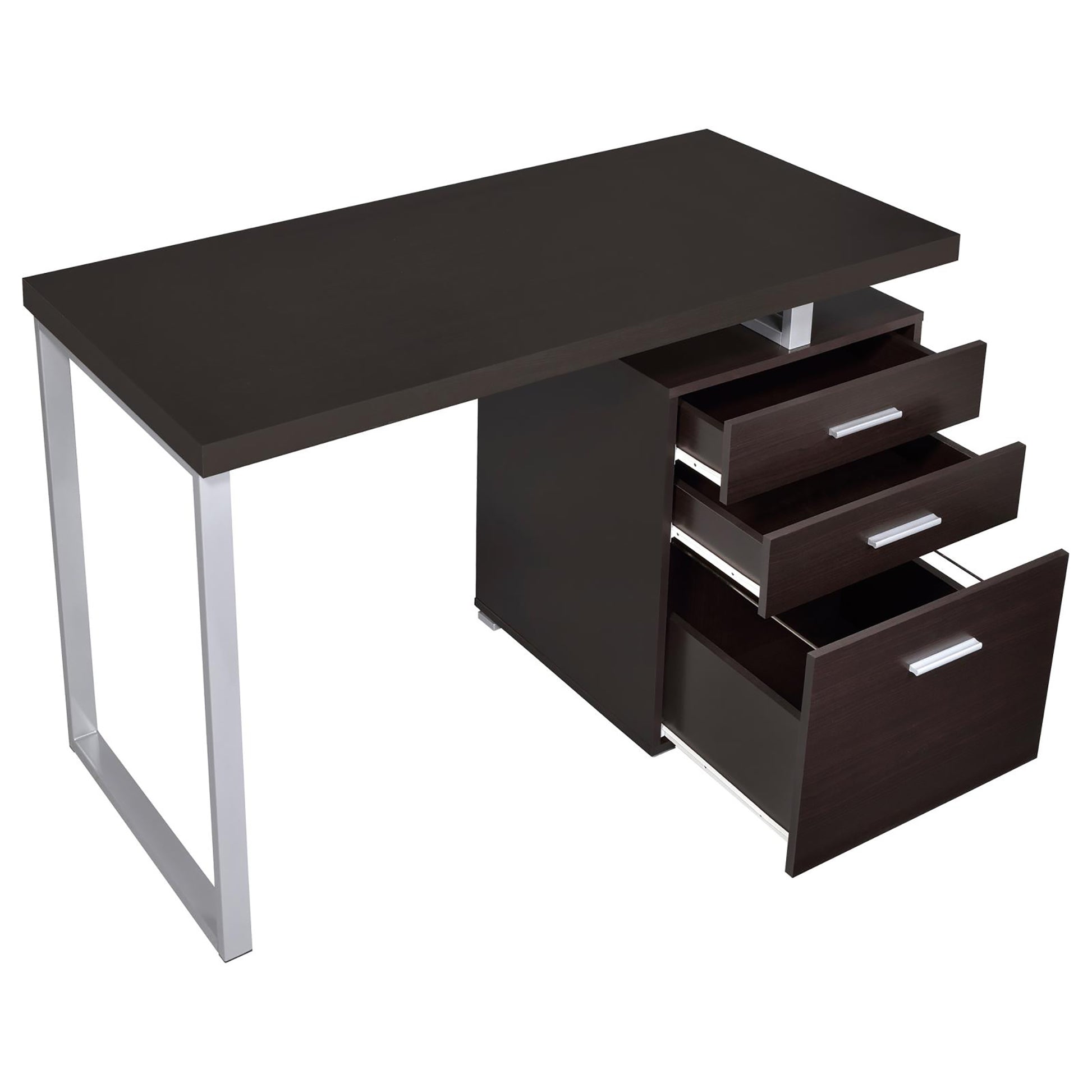 Dark brown modern desk with silver metal legs and three open drawers for office storage