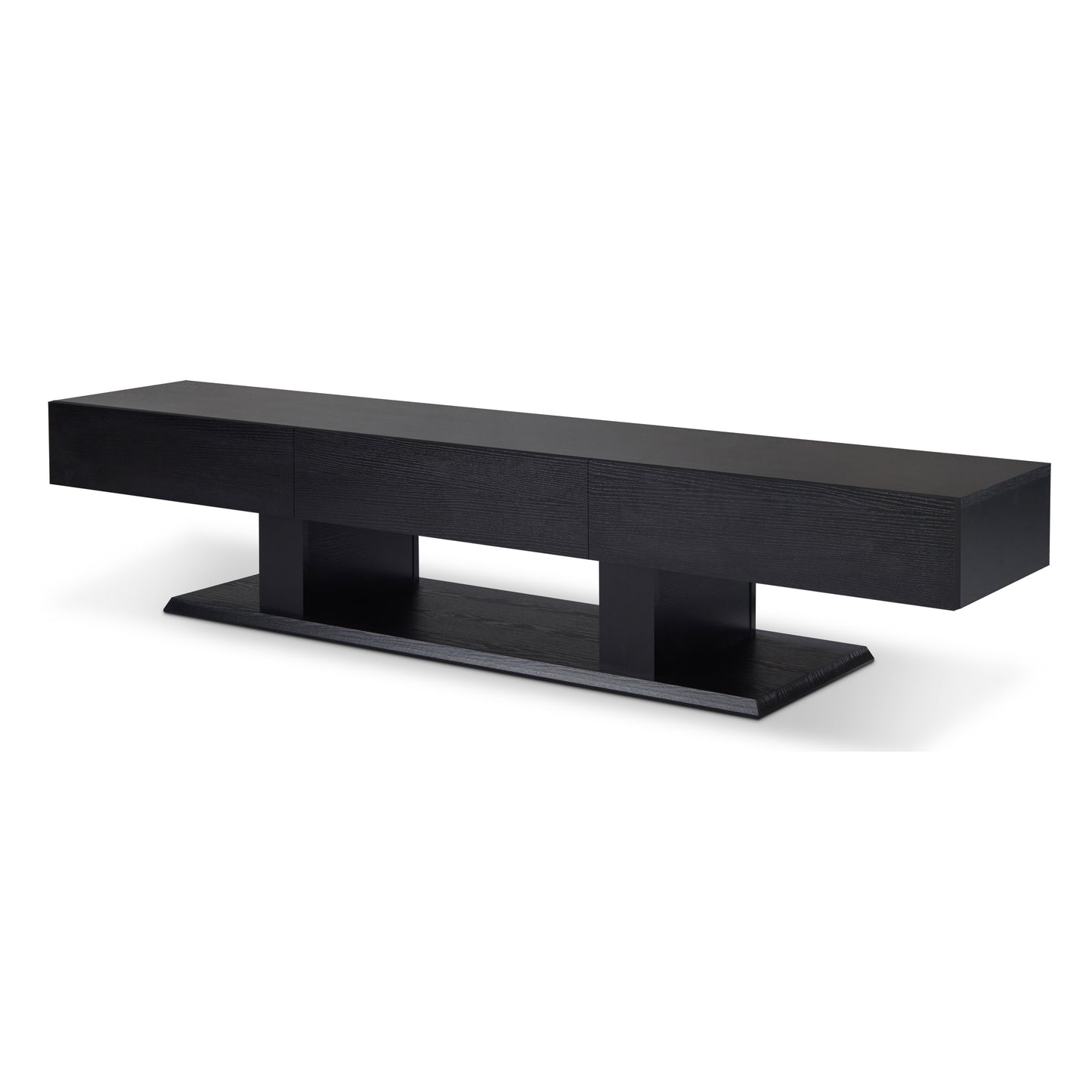 Sleek black wood TV stand with minimalist design and integrated drawers for modern living rooms