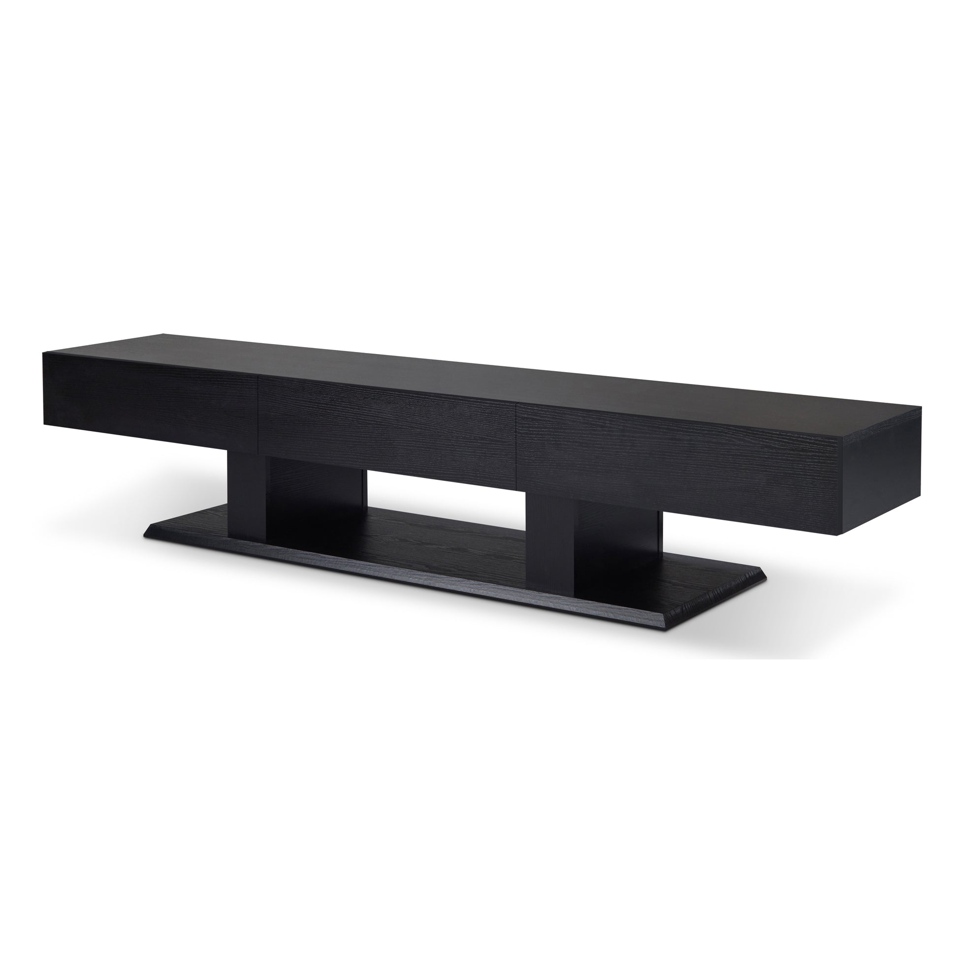 Sleek black wood TV stand with minimalist design and integrated drawers for modern living rooms