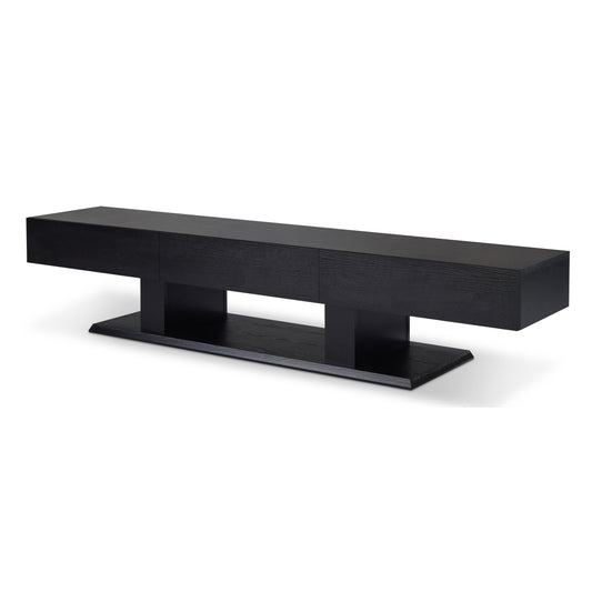 Sleek black wood TV stand with minimalist design and integrated drawers for modern living rooms