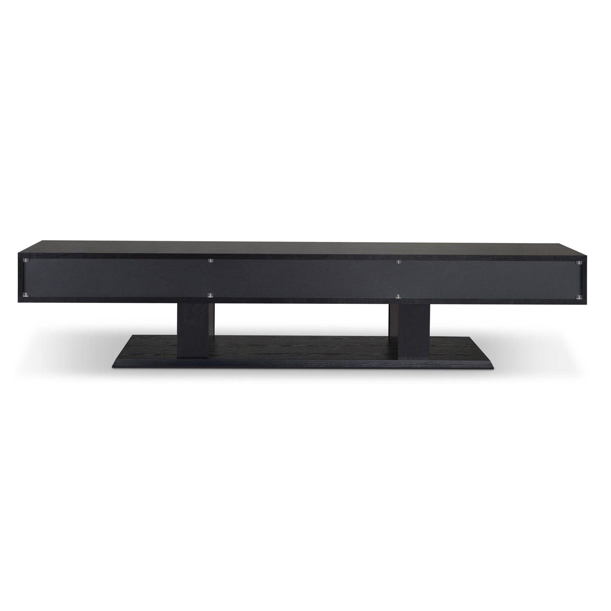 Sleek black wood modern coffee table with inset drawers and a substantial base